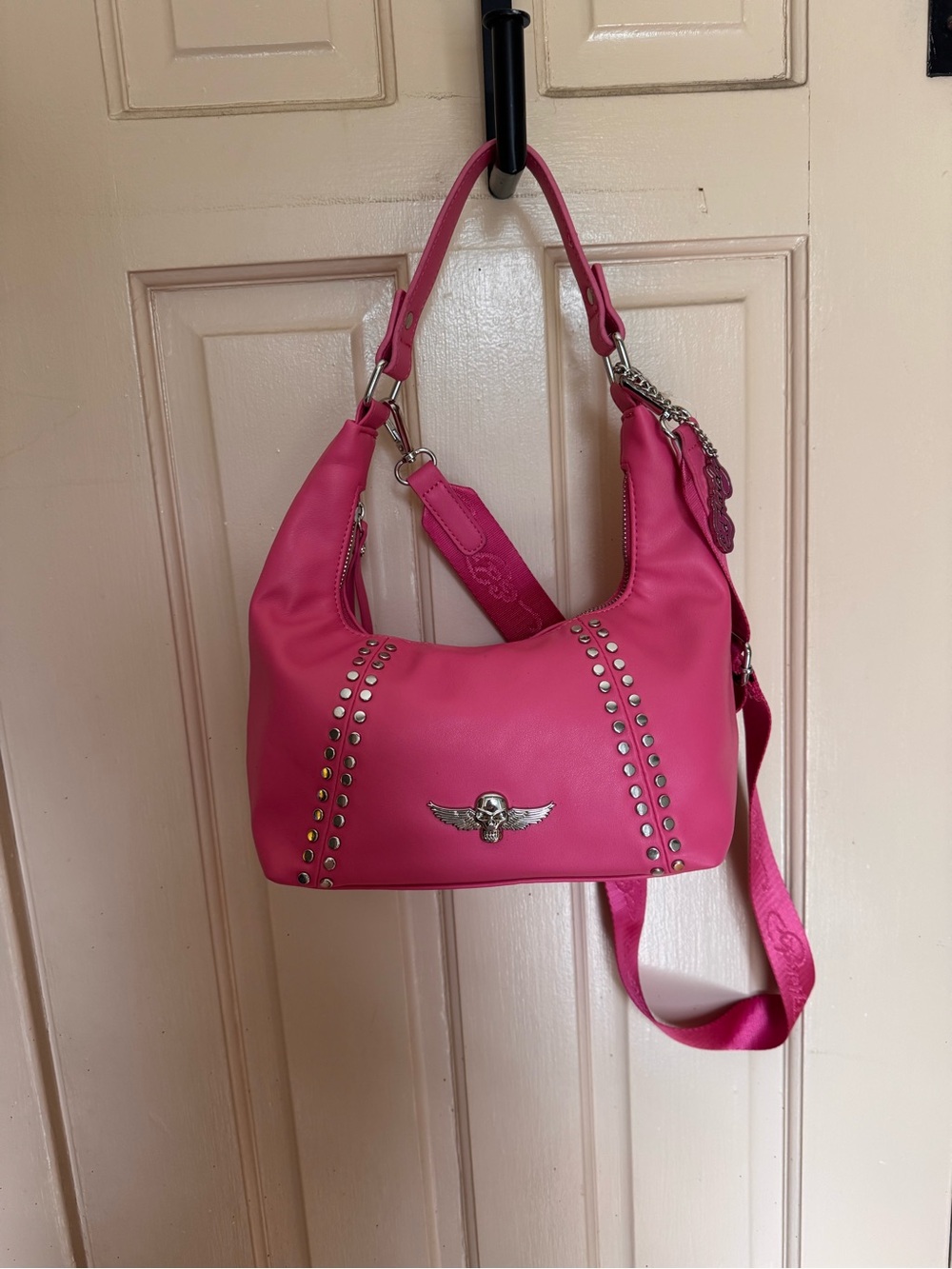 Ed Hardy Hot Pink Shoulder Bag with Silver Wing Emblem in